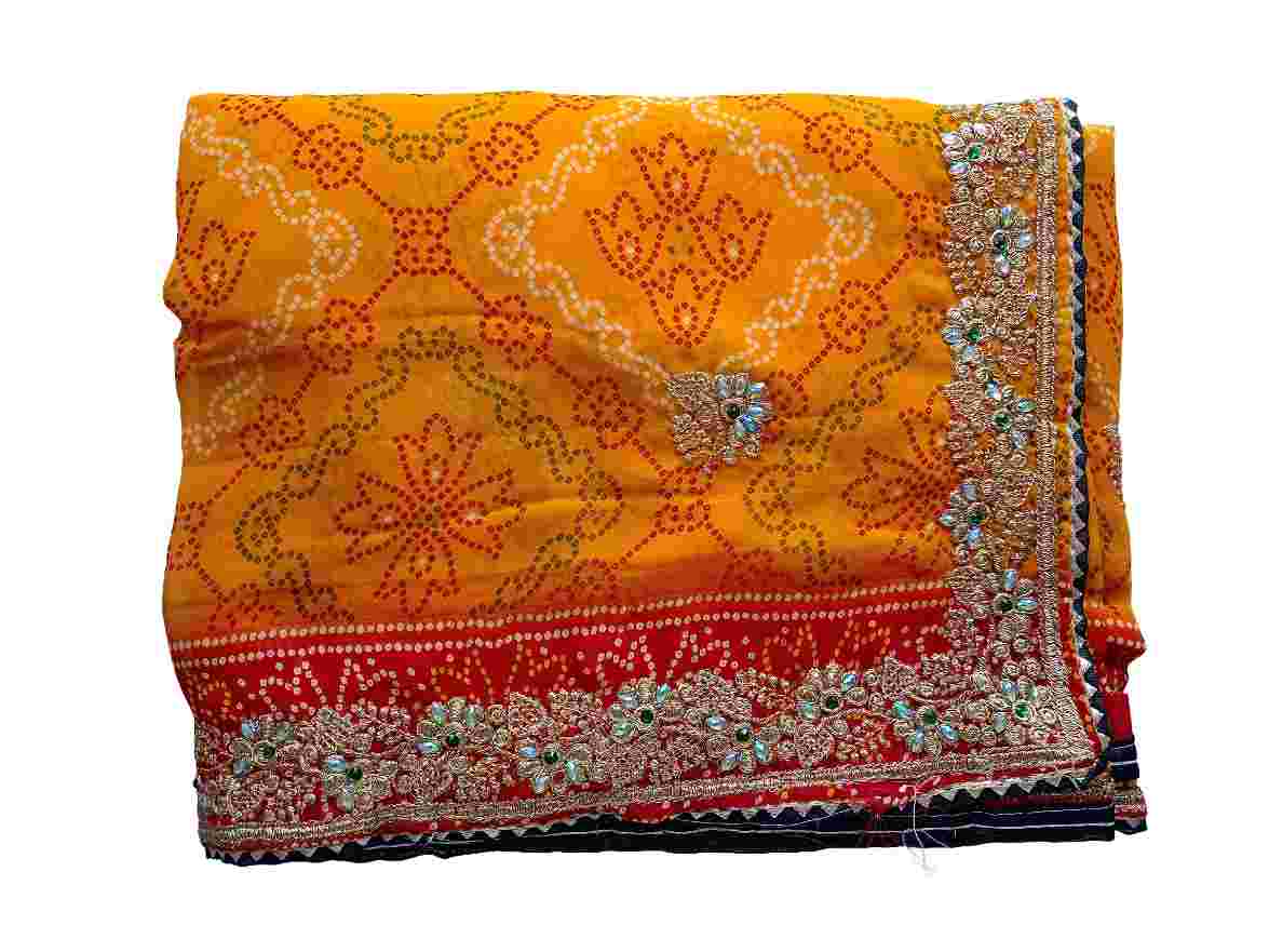 Women's Yellow Bandhani Print Saree with Heavy Embroidered Border