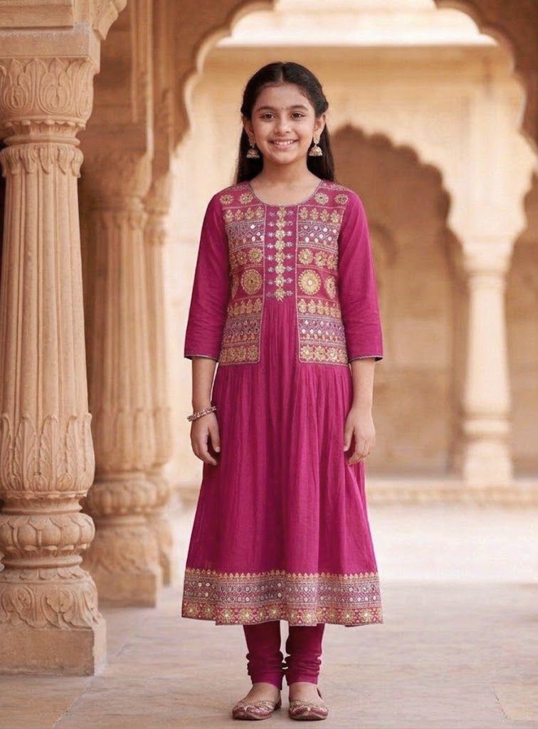 Girls’s Magenta Anarkali Kurti with Beautiful Traditional Embroidery